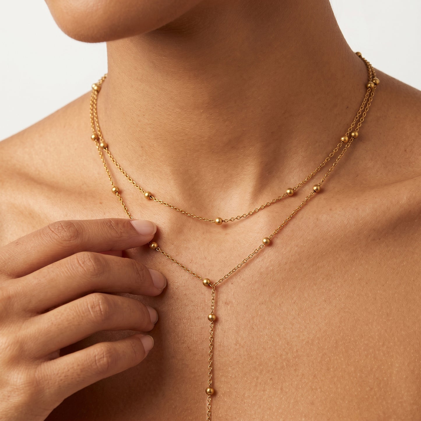 Adjustable Gold Layered Beaded Chain Necklace - 2Pcs Stackable Lariat Choker Set for Daily Wear & Gifting