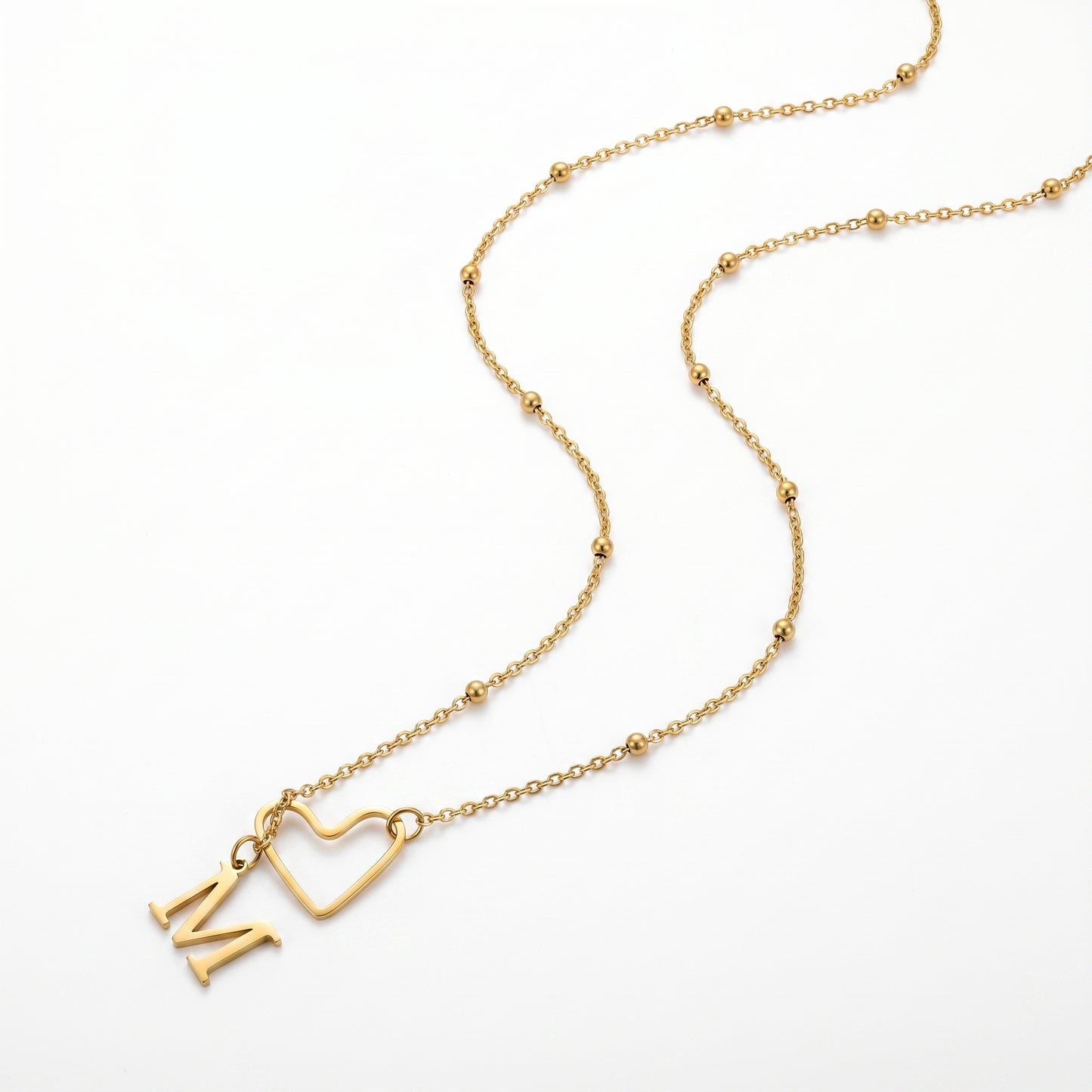 Gold Heart Outline & Letter M Pendant Necklace, Hypoallergenic