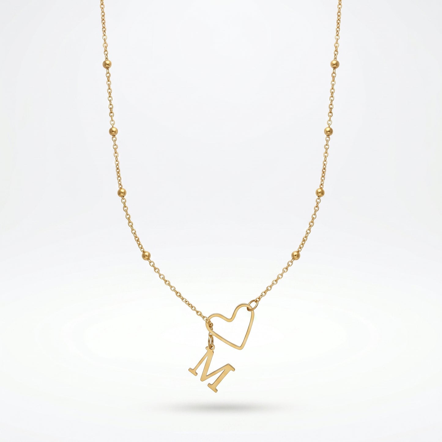 Gold Heart Outline & Letter M Pendant Necklace, Hypoallergenic