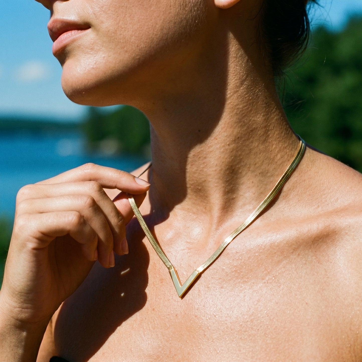 Adjustable Gold V-Shaped Snake Chain Necklace - Water-Resistant Jewelry