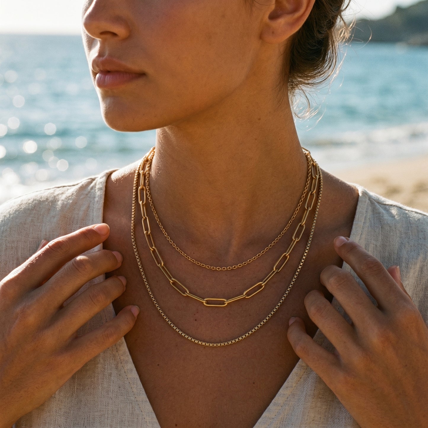 Minimalist Layered Box & Paperclip Chain Necklace, Hypoallergenic