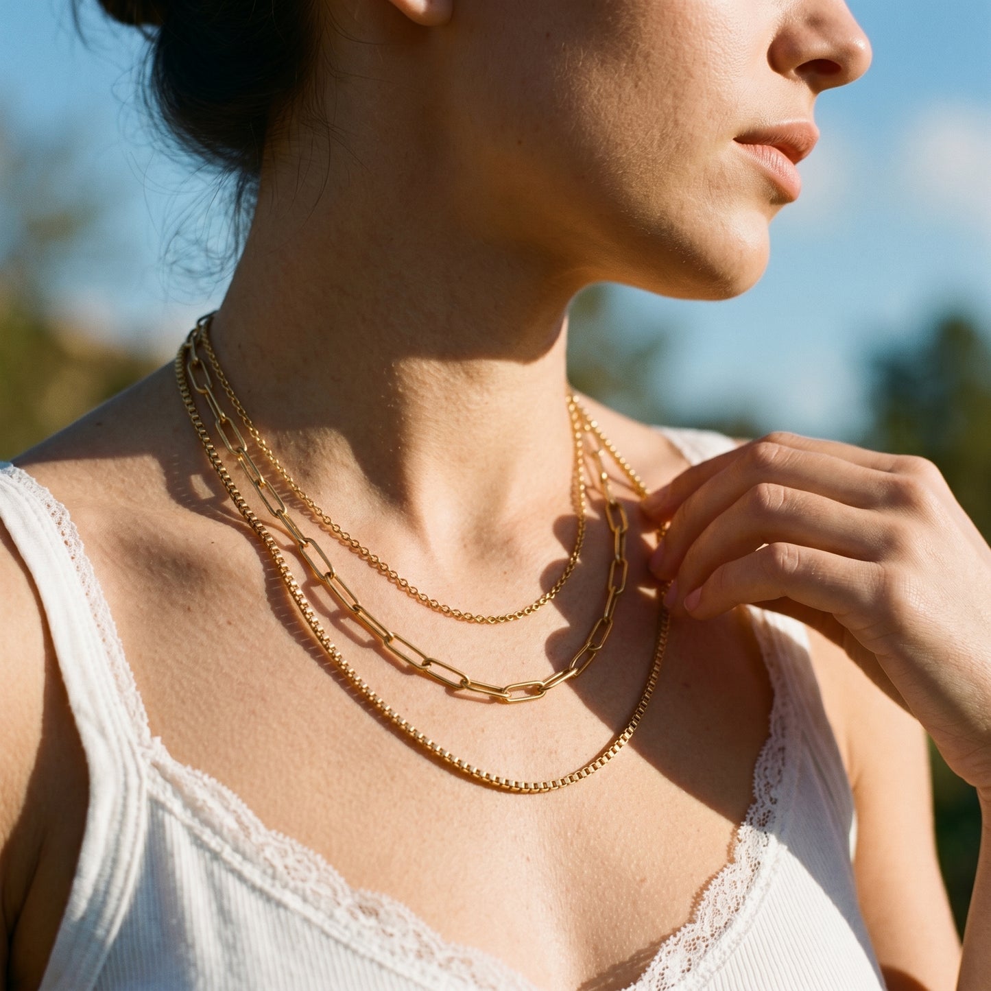 Minimalist Layered Box & Paperclip Chain Necklace, Hypoallergenic