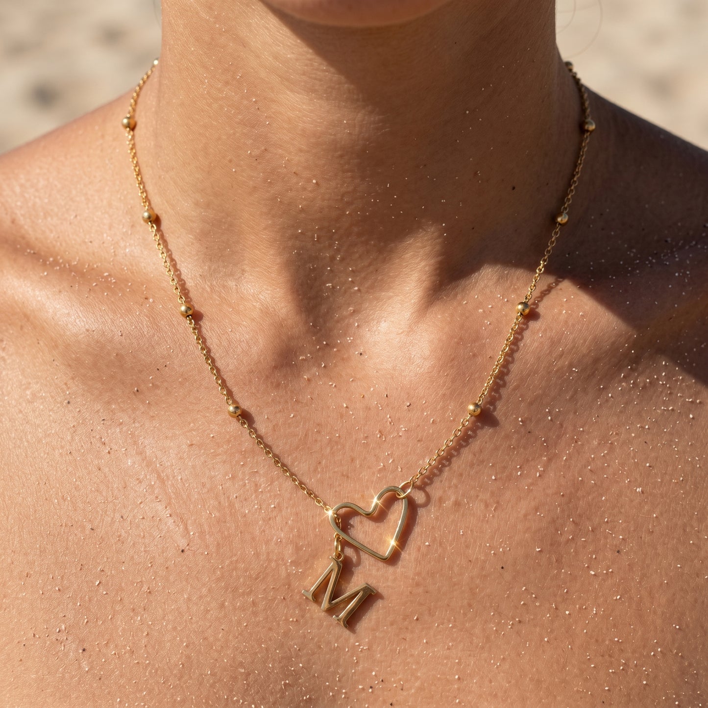 Gold Heart Outline & Letter M Pendant Necklace, Hypoallergenic