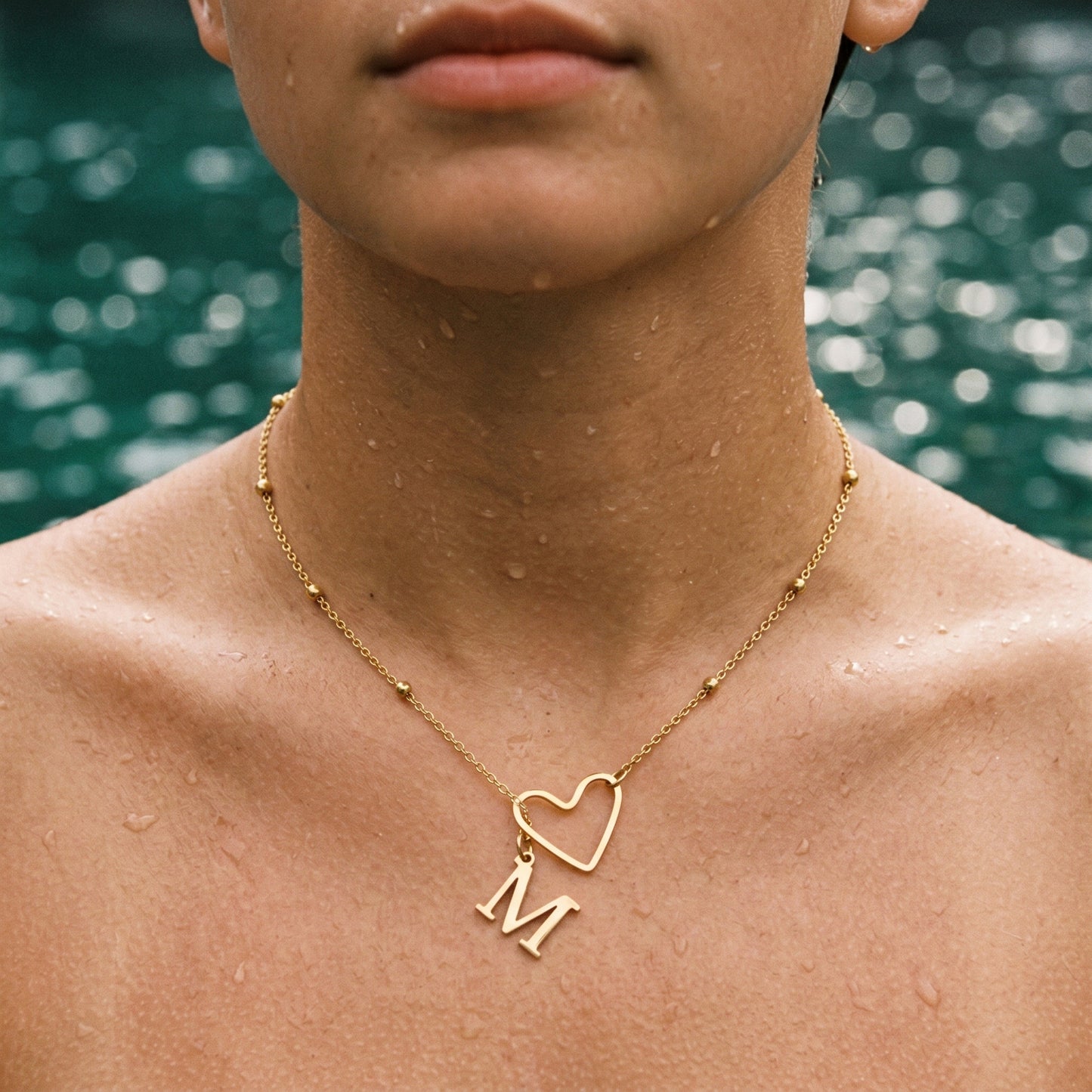 Gold Heart Outline & Letter M Pendant Necklace, Hypoallergenic