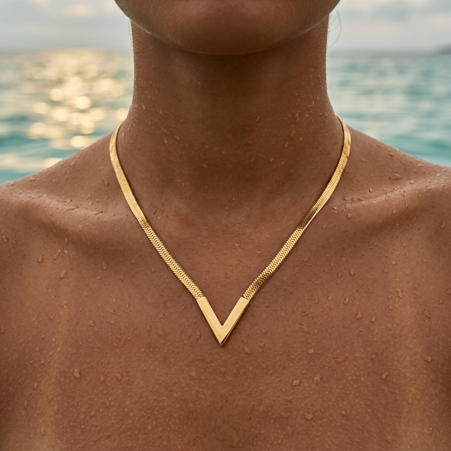 Adjustable Gold V-Shaped Snake Chain Necklace - Water-Resistant Jewelry