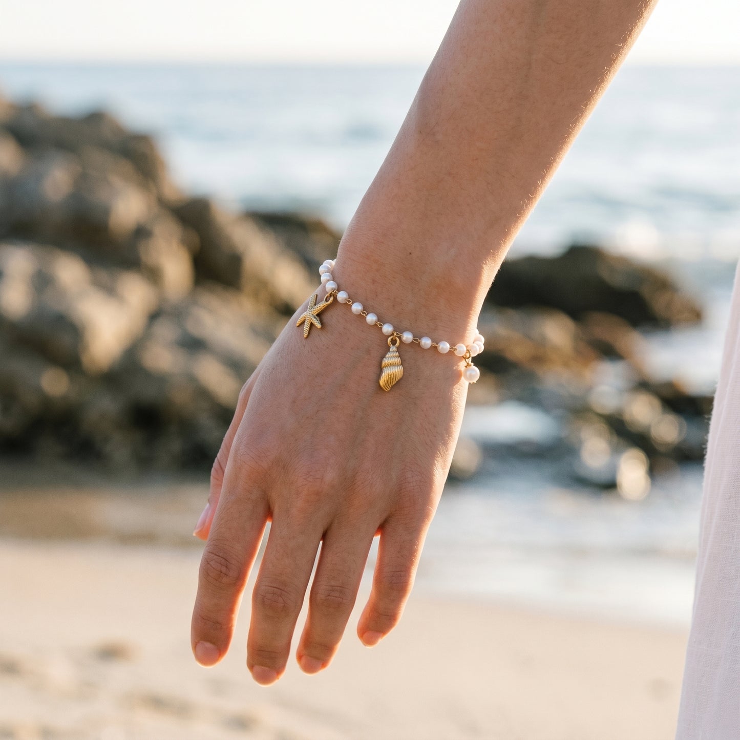 Beach & Ocean Ready Gold Starfish Pearl Bracelet, Water-Resistant