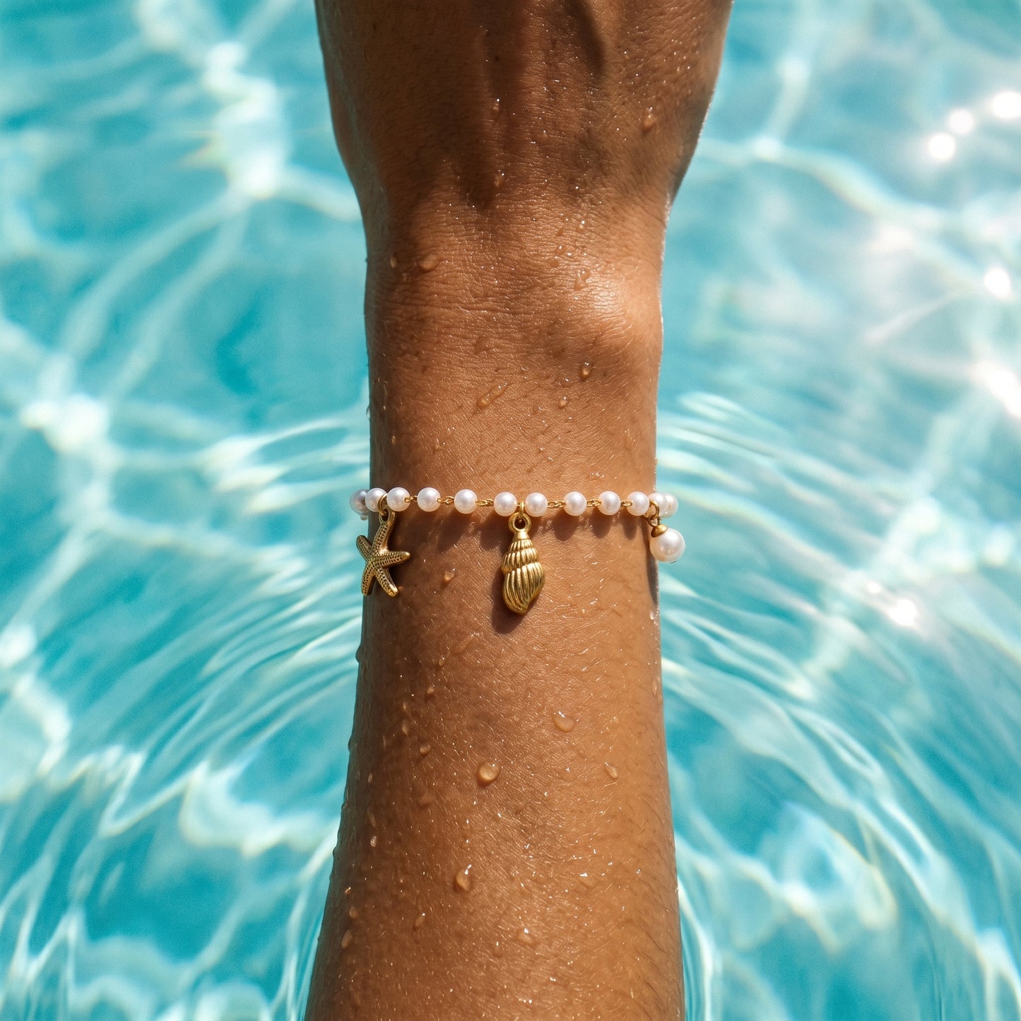 Beach & Ocean Ready Gold Starfish Pearl Bracelet, Water-Resistant