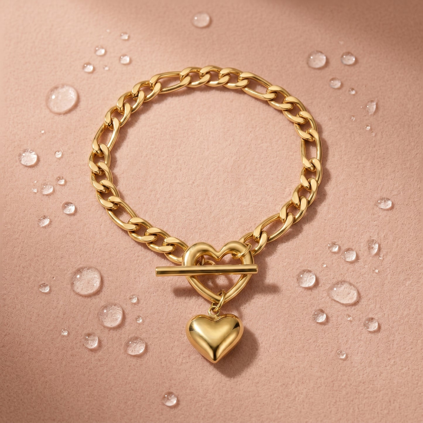 18K Gold Plated Heart Toggle Chain Bracelet, Waterproof Stainless Steel