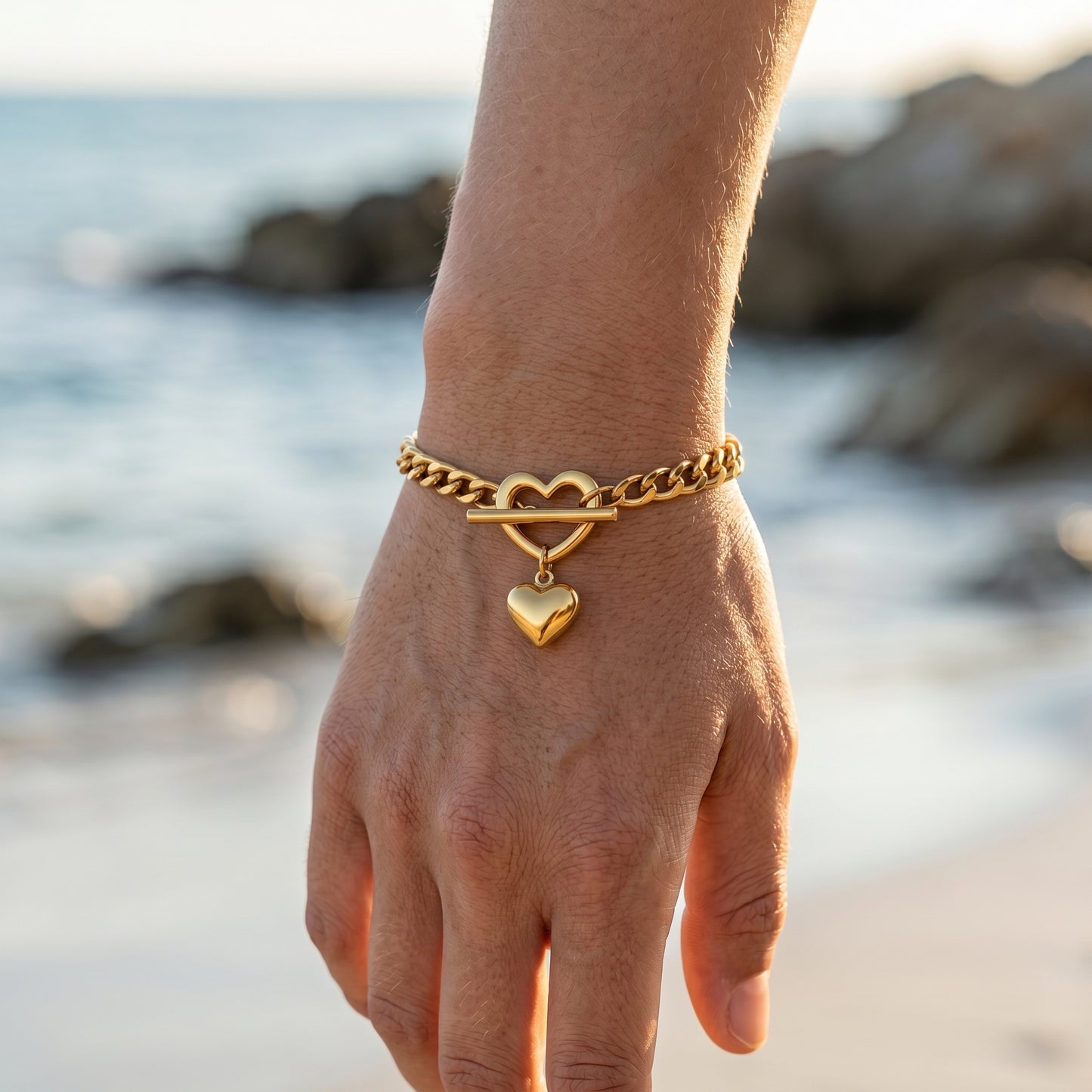 18K Gold Plated Heart Toggle Chain Bracelet, Waterproof Stainless Steel