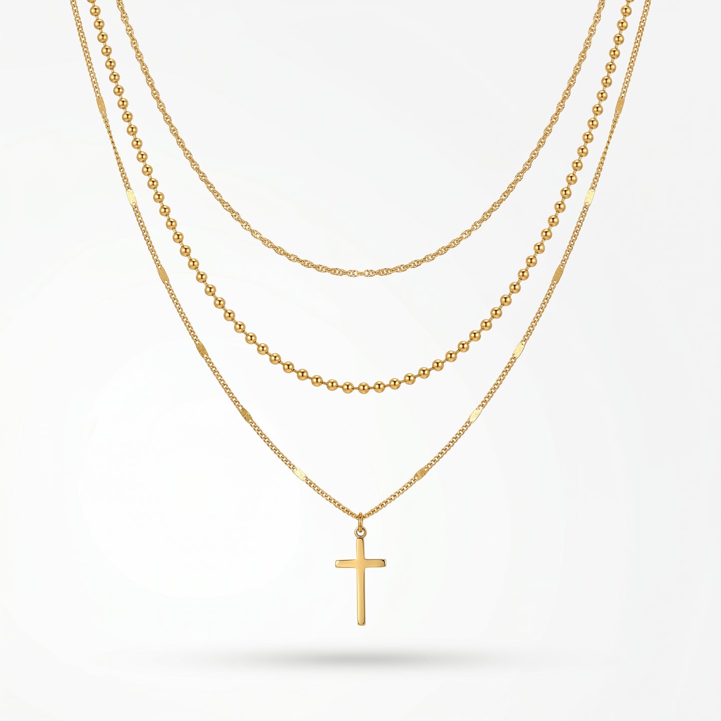 3-Piece Layered Cross Charm Necklace Set - 18K Gold Plated Hypoallergenic Waterproof Stainless Steel Jewelry for Women