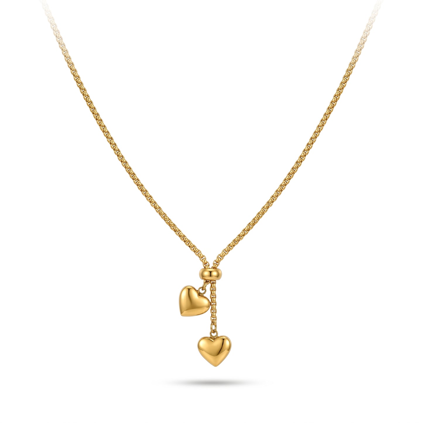 Adjustable Double Heart Pendant Necklace - Waterproof Stainless Steel in Gold & Silver