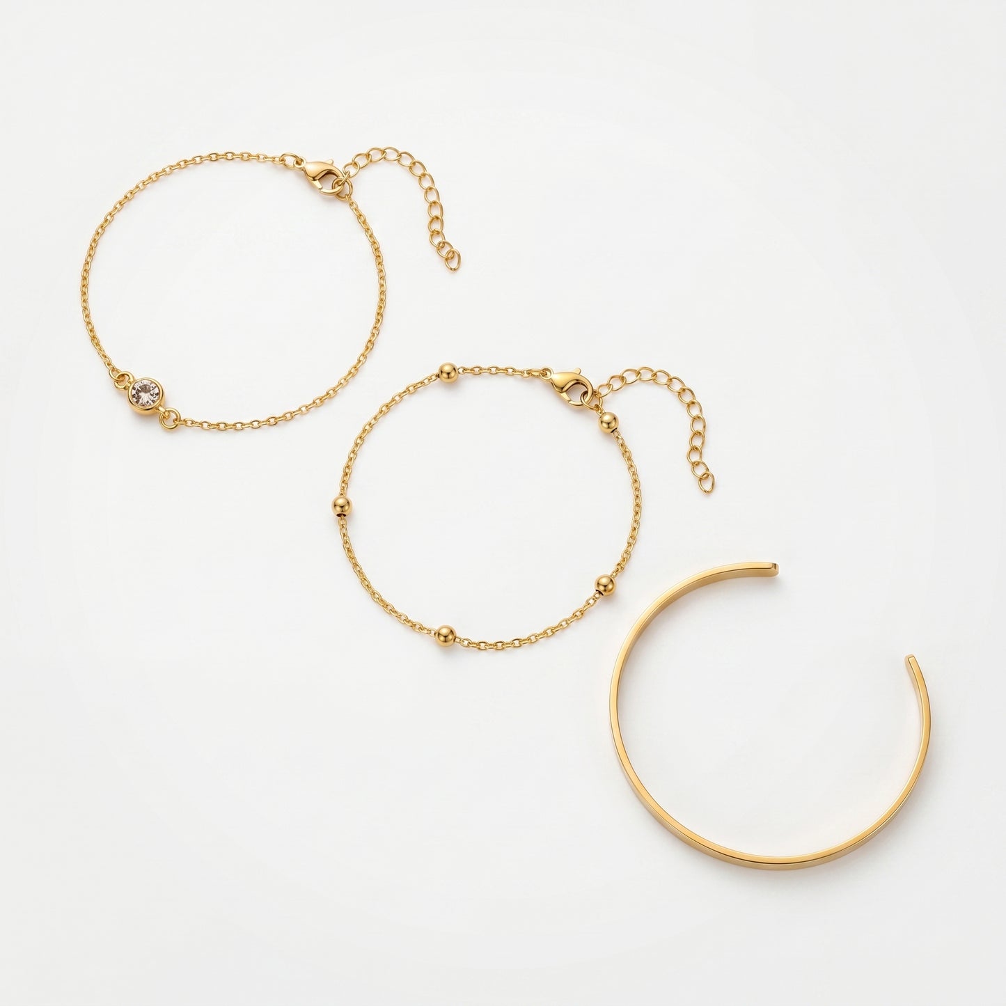 Dainty Layered Bracelet Trio - 18K Gold Plated Cuff Bangle, CZ Charm & Satellite Chain Waterproof Bracelet Set for Women