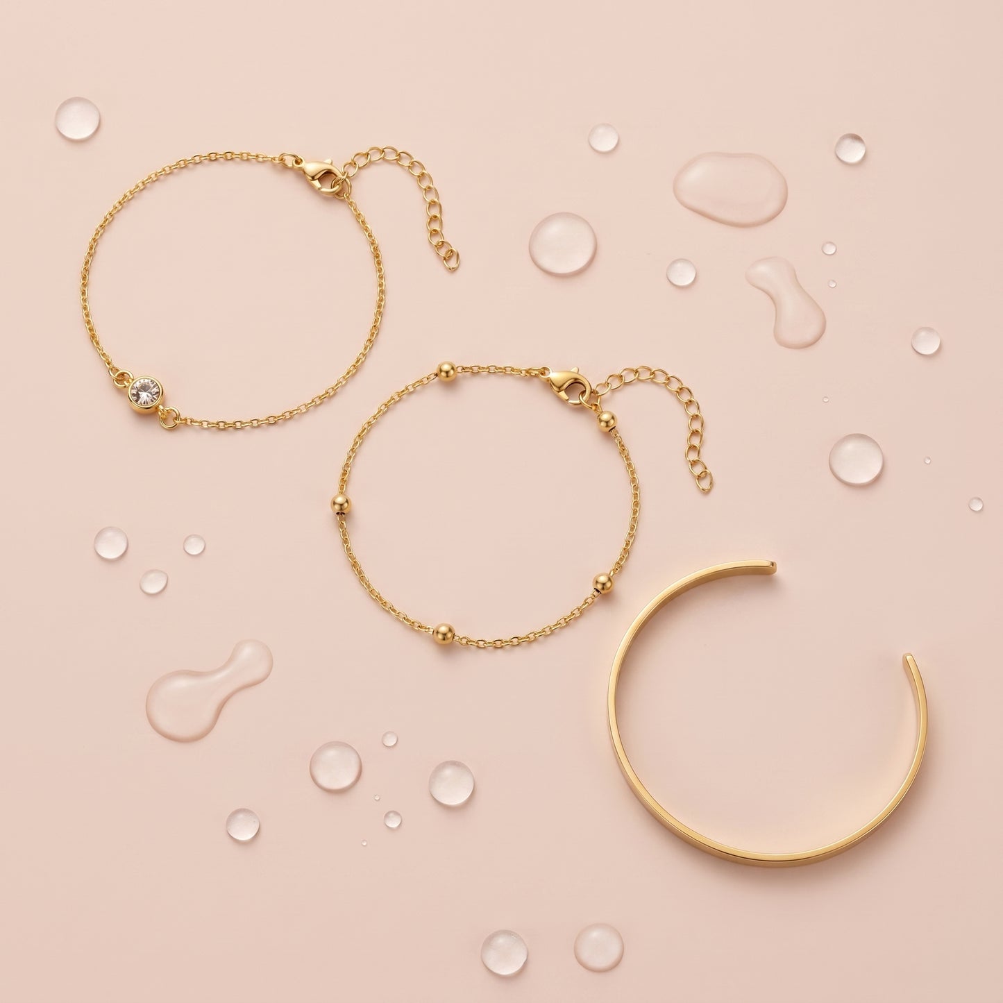Dainty Layered Bracelet Trio - 18K Gold Plated Cuff Bangle, CZ Charm & Satellite Chain Waterproof Bracelet Set for Women