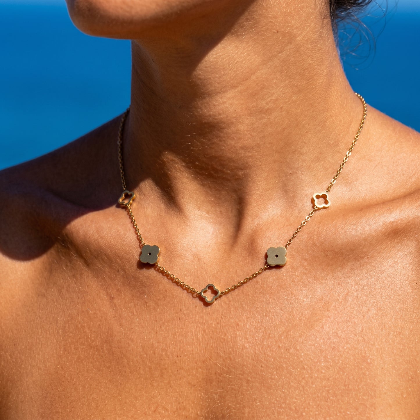 Premium Stainless Steel Gold Clover Necklace - Hollow & Solid Four-Leaf Clover Motif Adjustable Necklace for Women