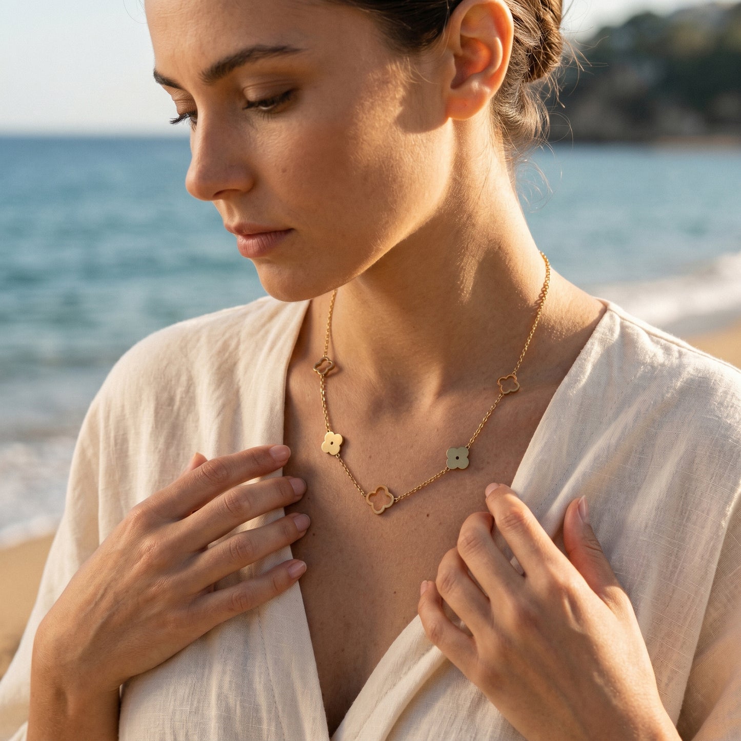 Premium Stainless Steel Gold Clover Necklace - Hollow & Solid Four-Leaf Clover Motif Adjustable Necklace for Women