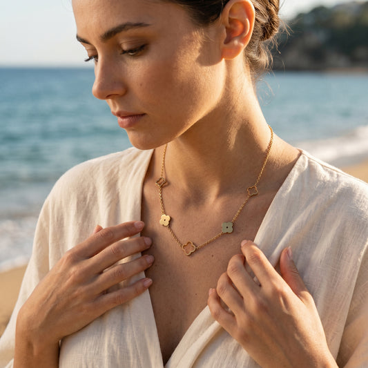 Premium Stainless Steel Gold Clover Necklace - Hollow & Solid Four-Leaf Clover Motif Adjustable Necklace for Women