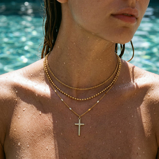 3-Piece Layered Cross Charm Necklace Set - 18K Gold Plated Hypoallergenic Waterproof Stainless Steel Jewelry for Women