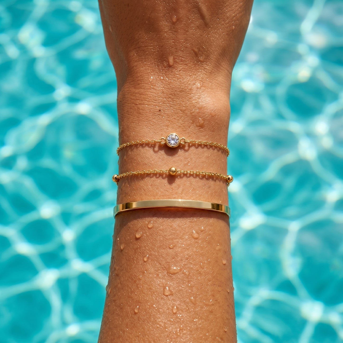 Dainty Layered Bracelet Trio - 18K Gold Plated Cuff Bangle, CZ Charm & Satellite Chain Waterproof Bracelet Set for Women