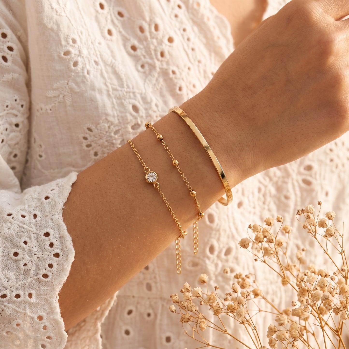 Dainty Layered Bracelet Trio - 18K Gold Plated Cuff Bangle, CZ Charm & Satellite Chain Waterproof Bracelet Set for Women