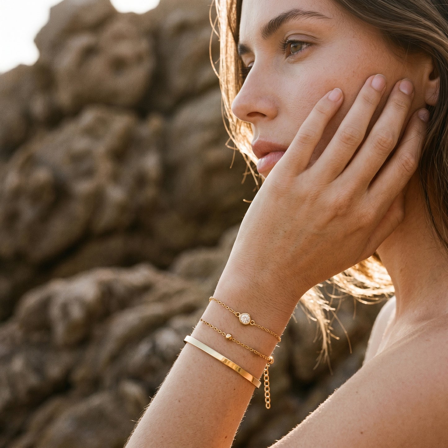 Dainty Layered Bracelet Trio - 18K Gold Plated Cuff Bangle, CZ Charm & Satellite Chain Waterproof Bracelet Set for Women