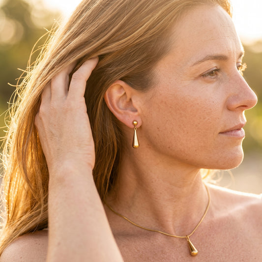 Skin-Safe Hypoallergenic Teardrop Jewelry Set - 18K Gold Stainless Steel Necklace & Earrings for Sensitive Skin