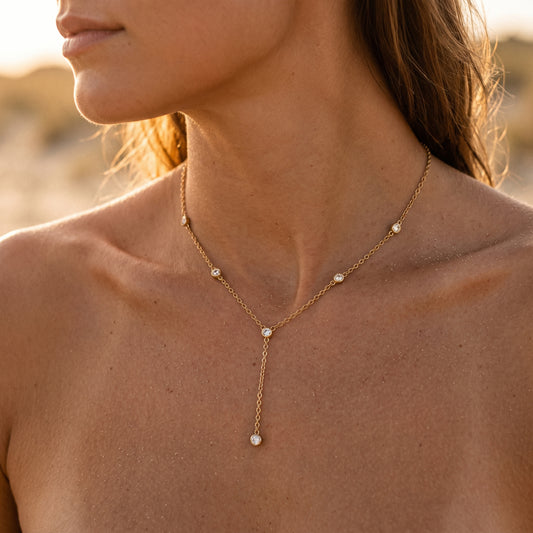 Non-Tarnish Cubic Zirconia Y Lariat Necklace - 18K Gold Plated Water-Resistant Layering Jewelry for Women