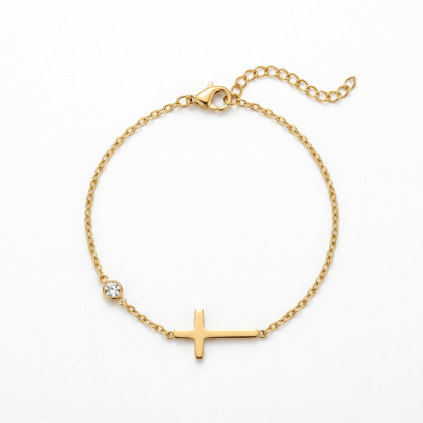 Dainty Sideways Cross Bracelet with Solitaire Zircon - Water-Resistant Stainless Steel