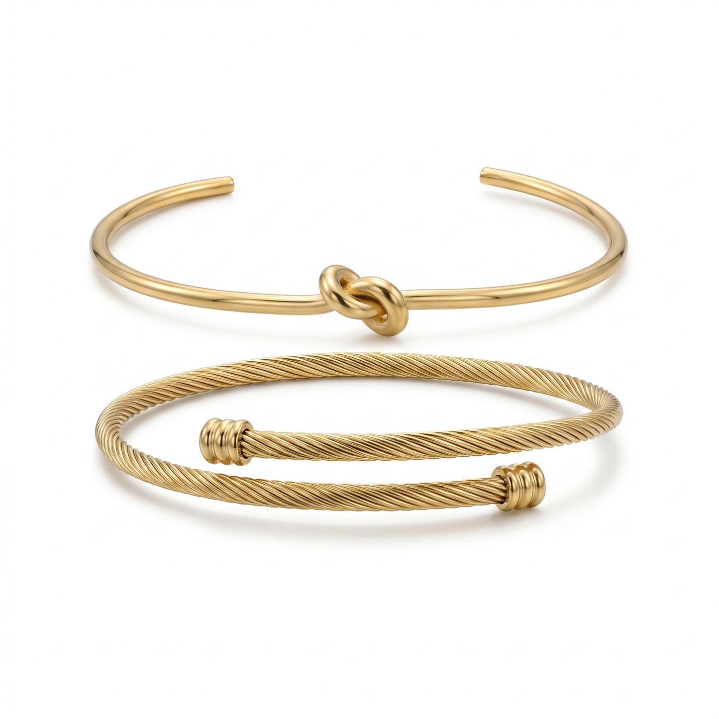 Knot & Twisted Cable Cuff Bracelet Set - 18K Gold Plated Stainless Steel