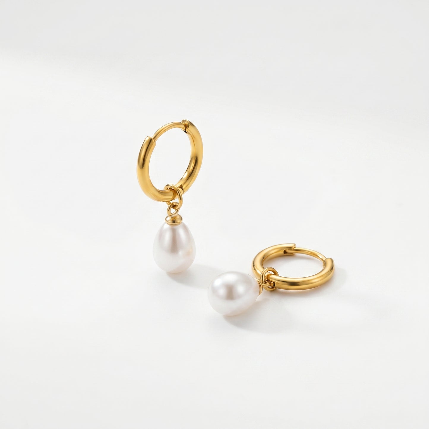 Teardrop Pearl Huggie Hoop Earrings - 18K Gold Plated Waterproof Stainless Steel