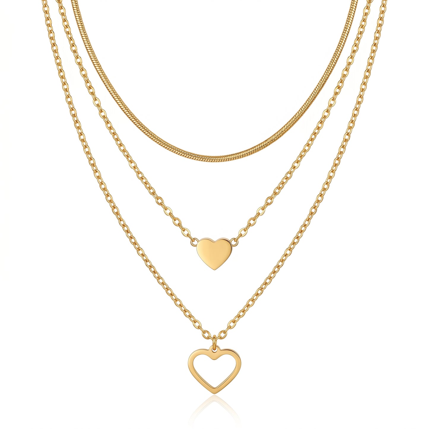 3 Layer Heart Pendant Necklace - 18K Gold Plated Waterproof Stainless Steel