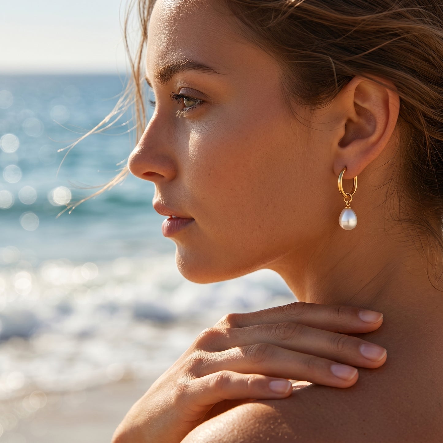 Teardrop Pearl Huggie Hoop Earrings - 18K Gold Plated Waterproof Stainless Steel