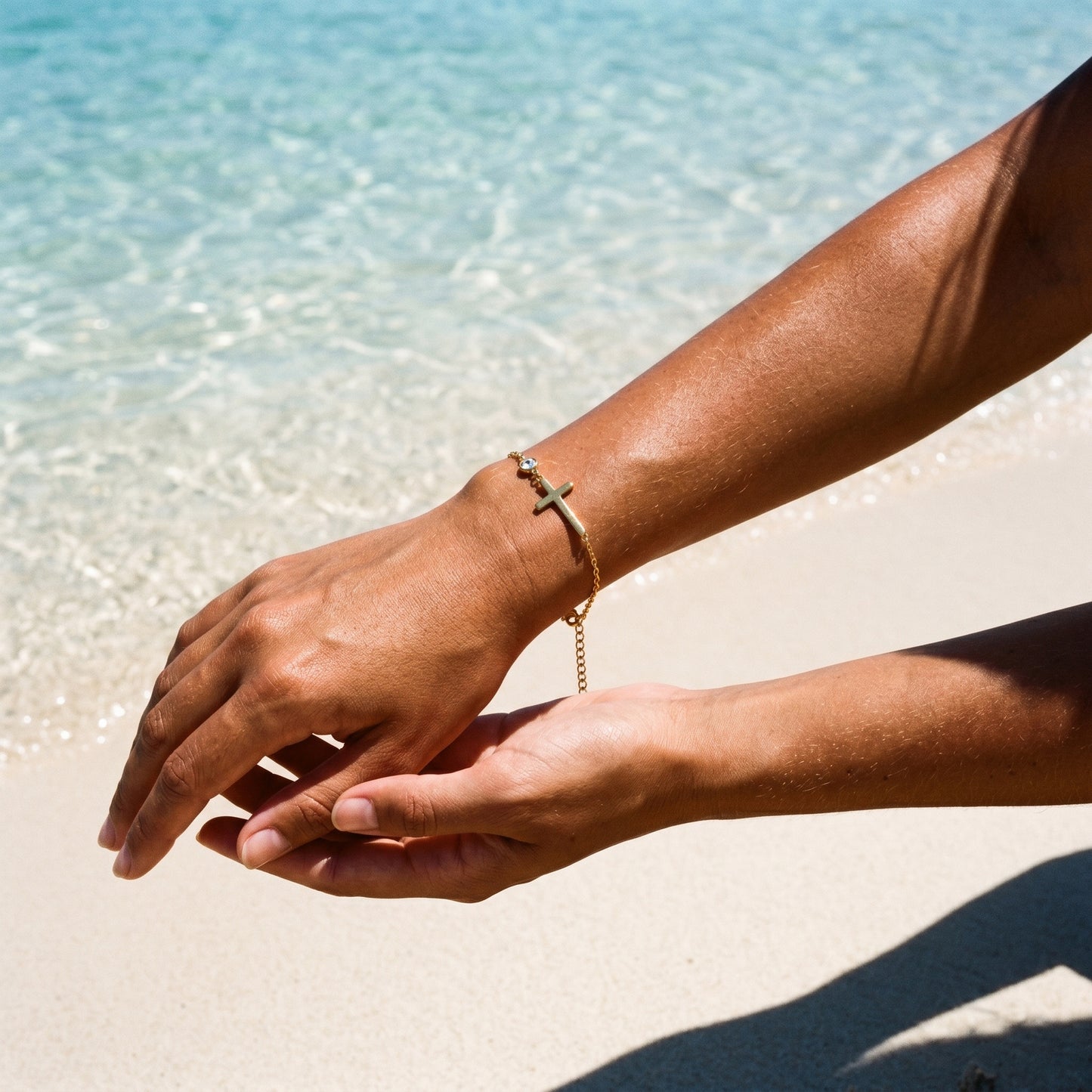 Dainty Sideways Cross Bracelet with Solitaire Zircon - Water-Resistant Stainless Steel
