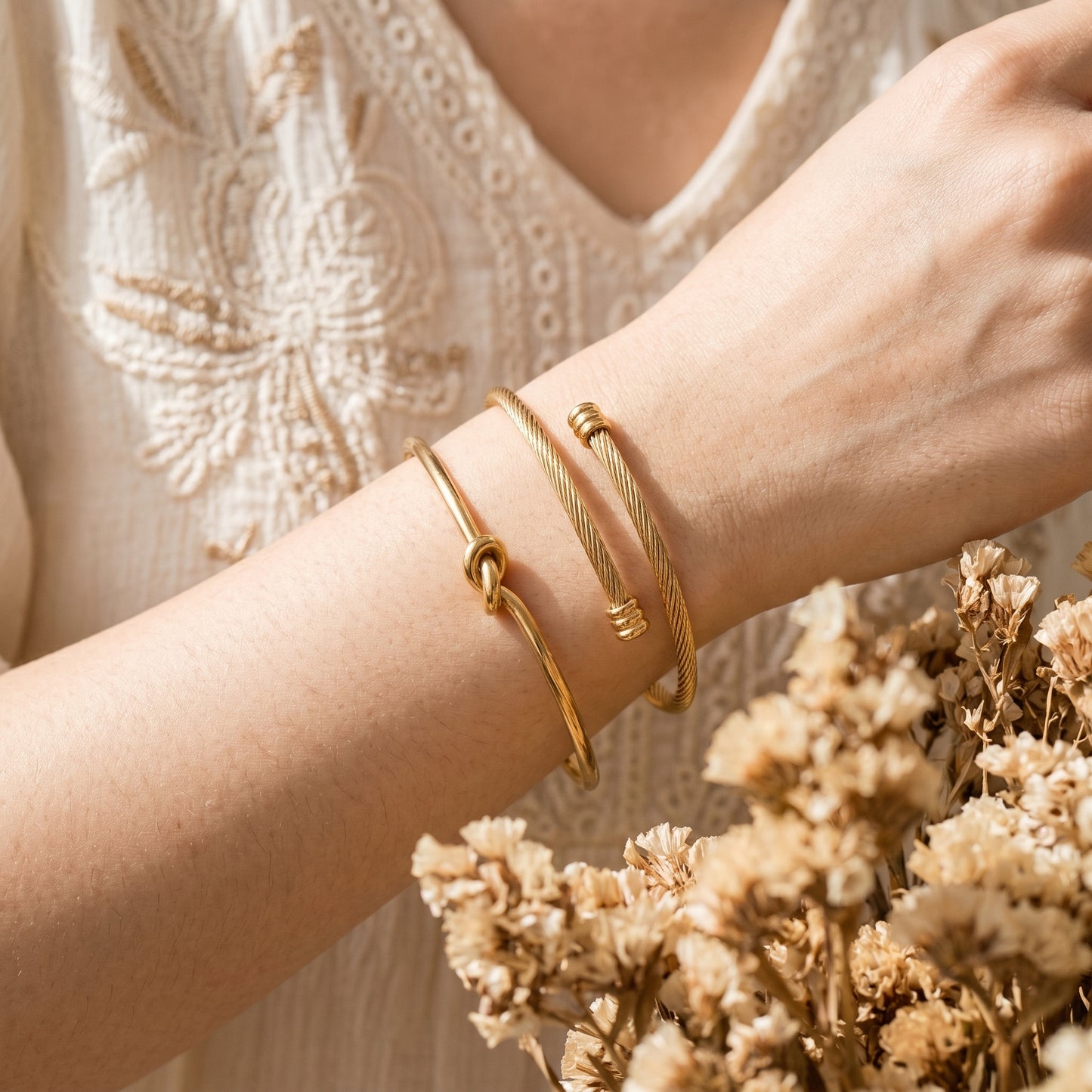 Knot & Twisted Cable Cuff Bracelet Set - 18K Gold Plated Stainless Steel