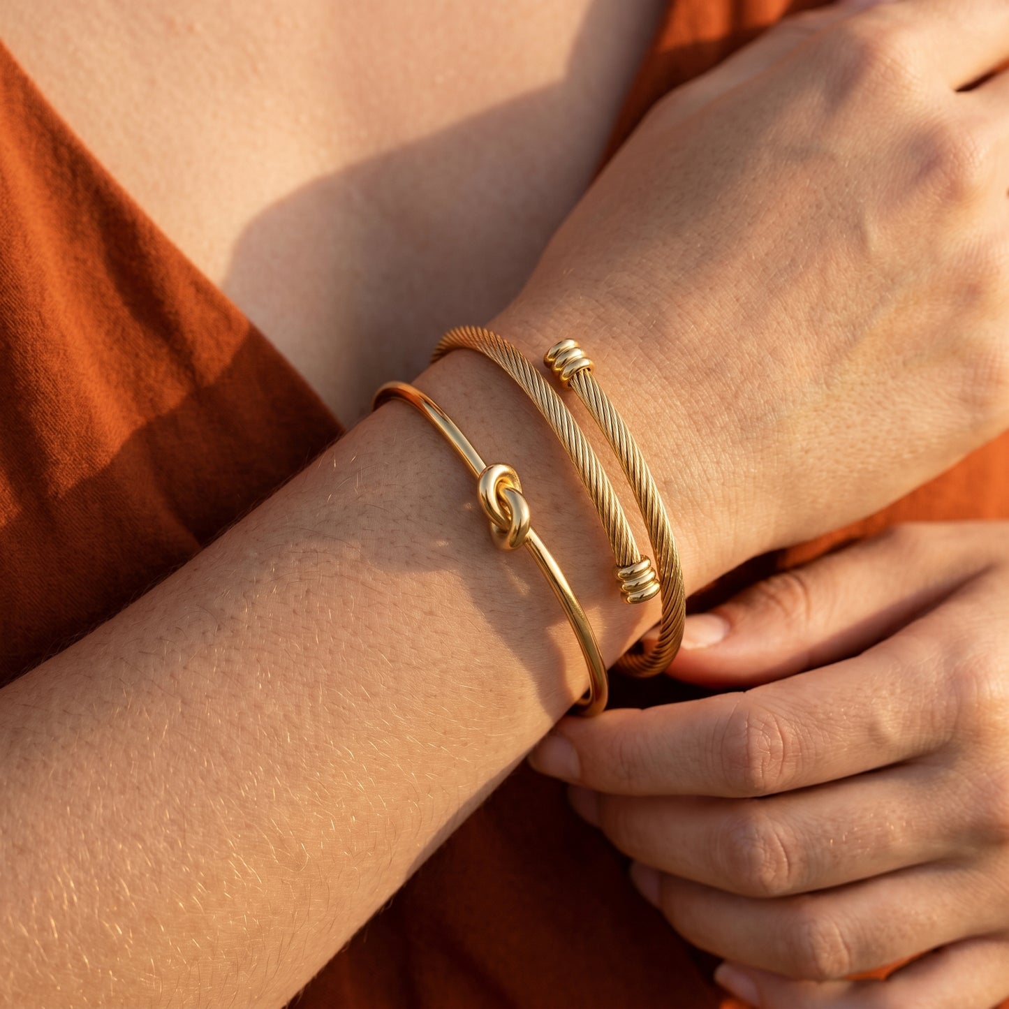 Knot & Twisted Cable Cuff Bracelet Set - 18K Gold Plated Stainless Steel