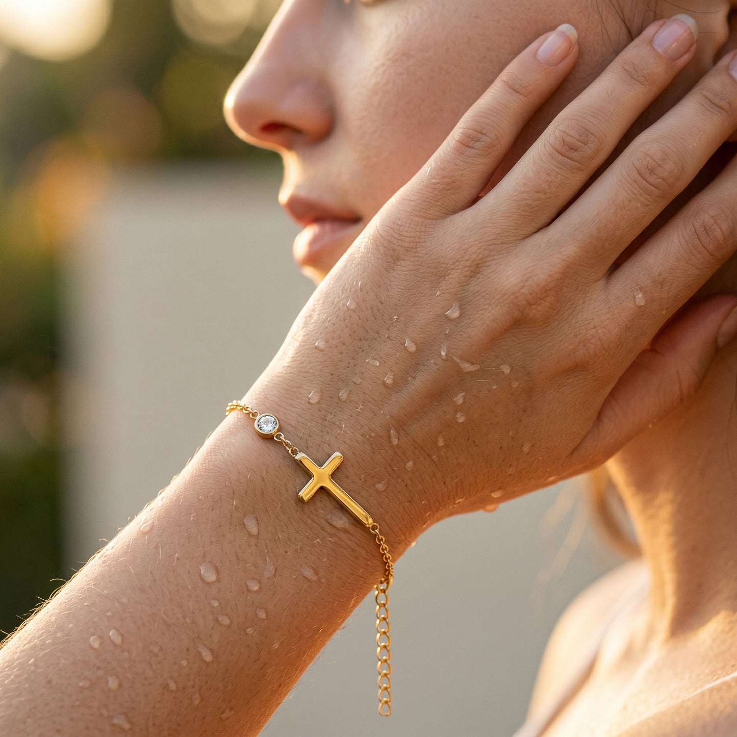 Dainty Sideways Cross Bracelet with Solitaire Zircon - Water-Resistant Stainless Steel