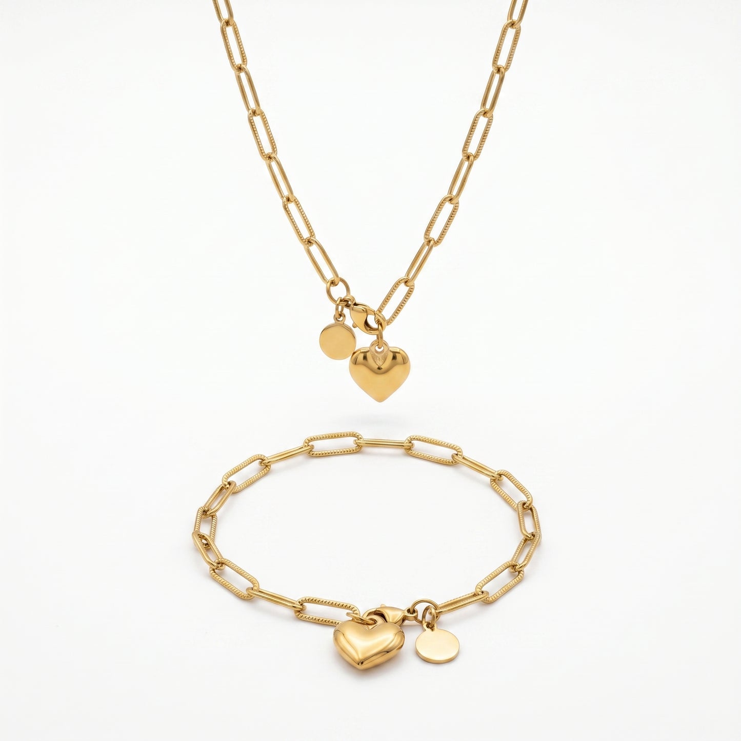 Heart Charm Paperclip Chain Jewelry Set - 18K Gold Plated Waterproof Stainless Steel