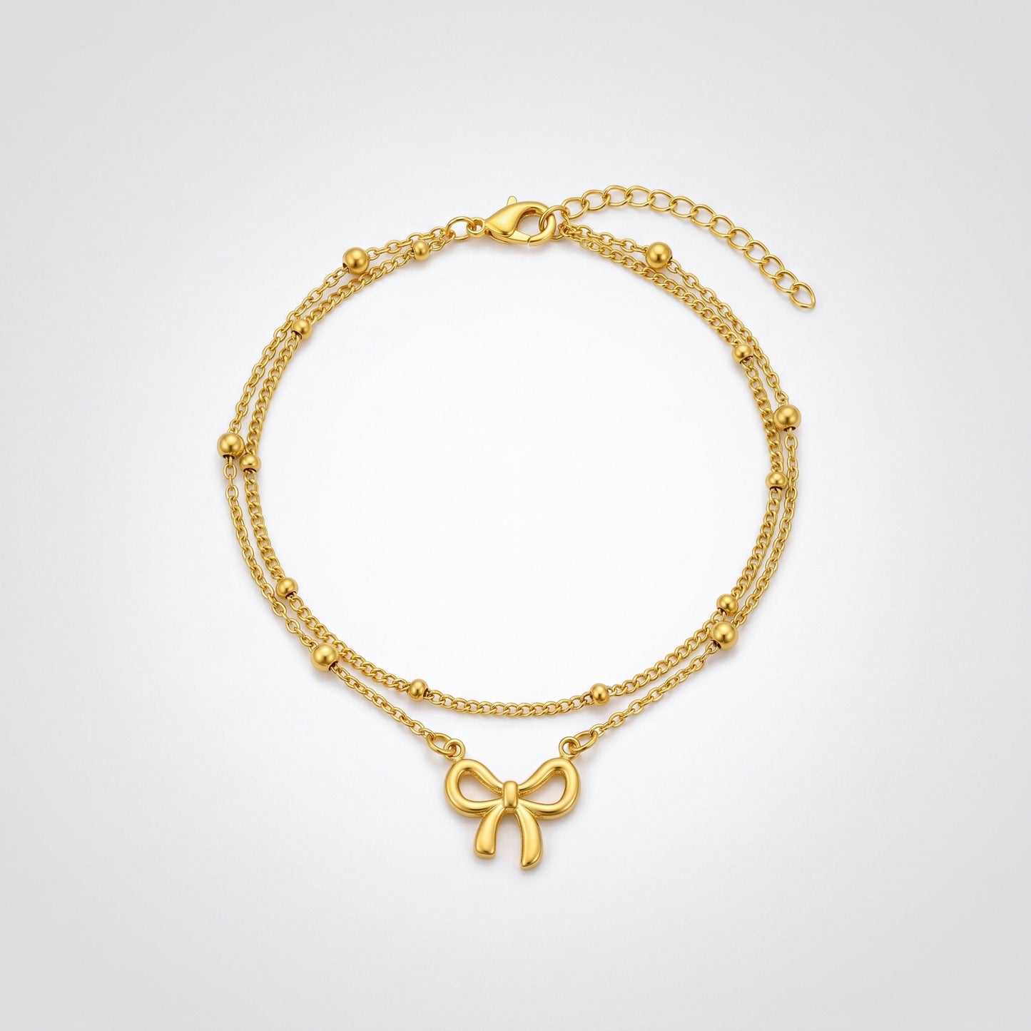 Bow Charm Double Layer Beaded Anklet - 18K Gold Plated Waterproof Stainless Steel