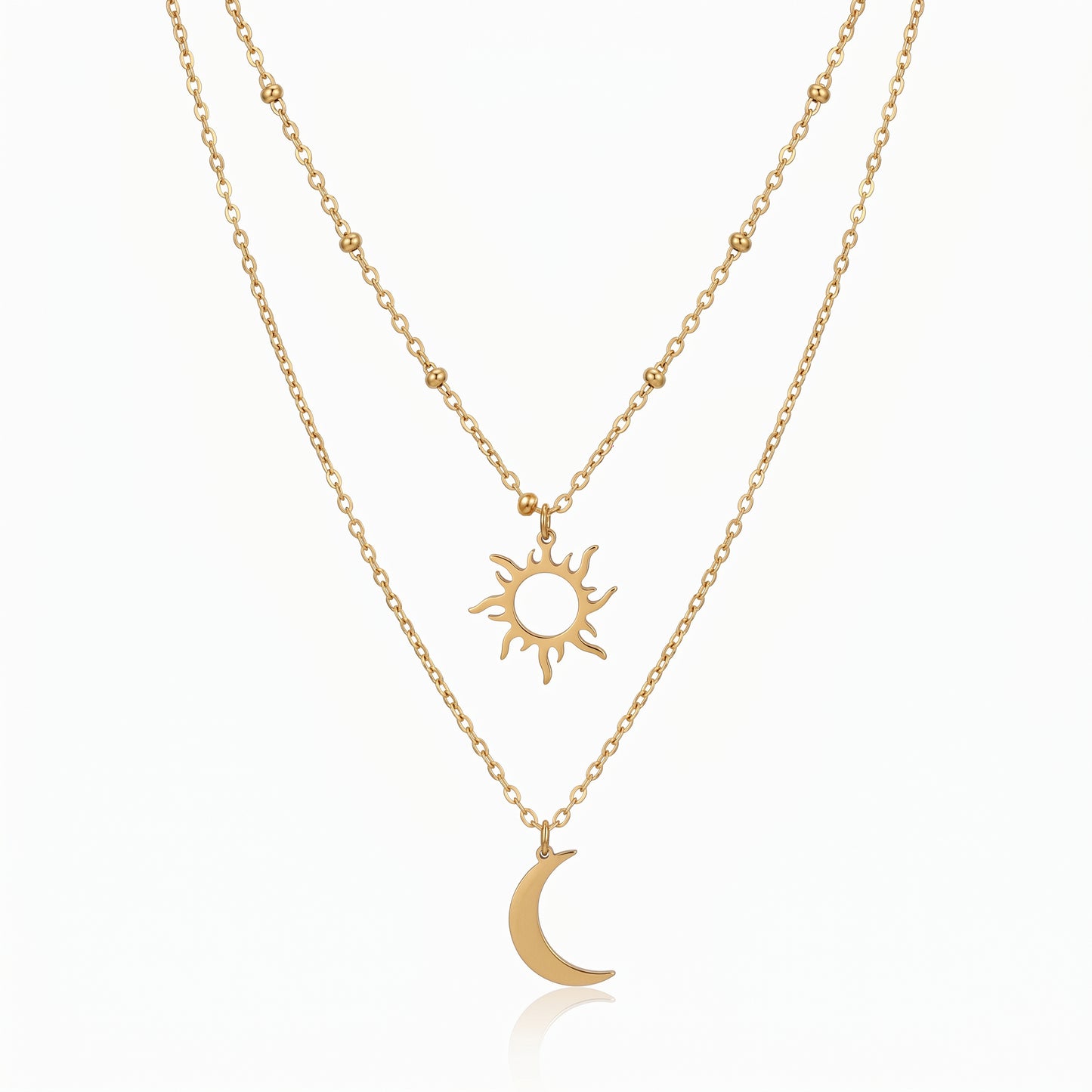 Hollow Sun Crescent Moon Layered Necklace - Durable, Water-Resistant Statement Piece