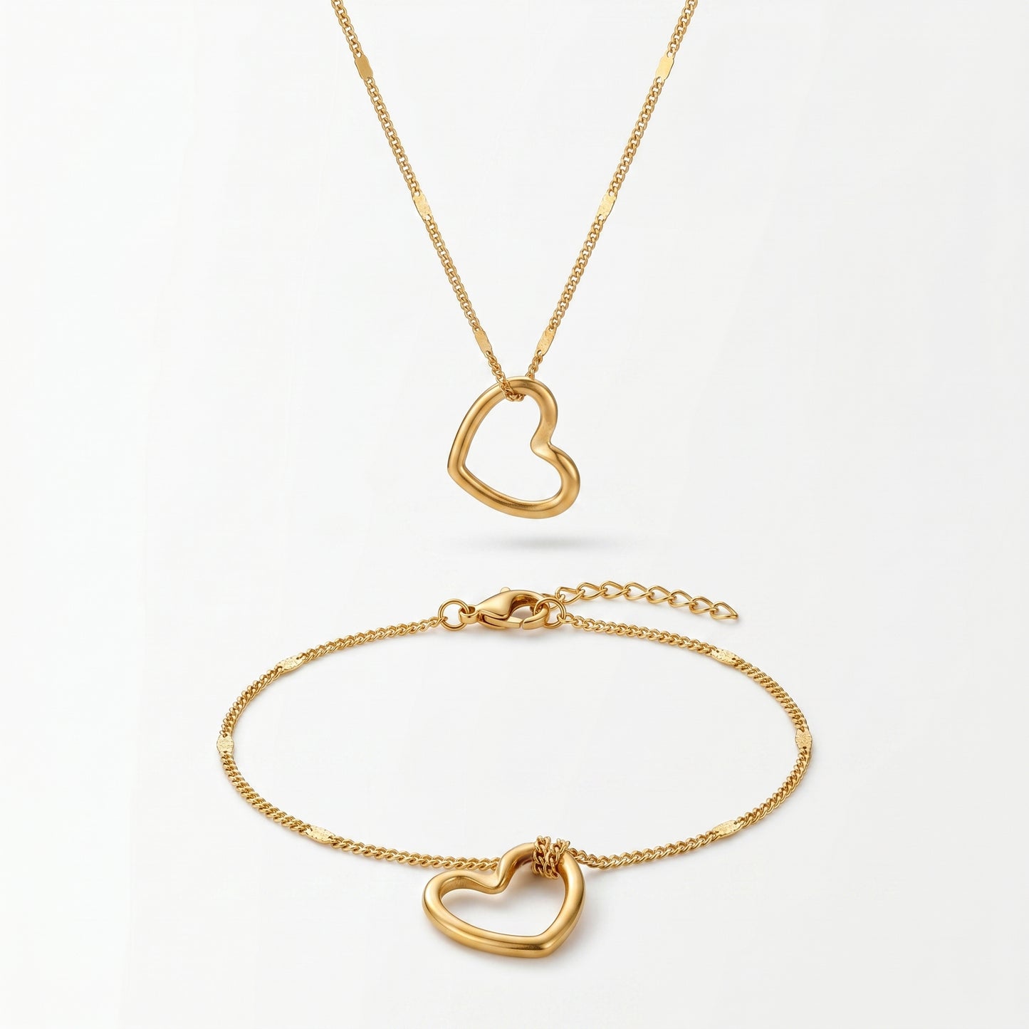 Open Heart Pendant Necklace & Bracelet Set - 18K Gold Plated Waterproof Stainless Steel Jewelry