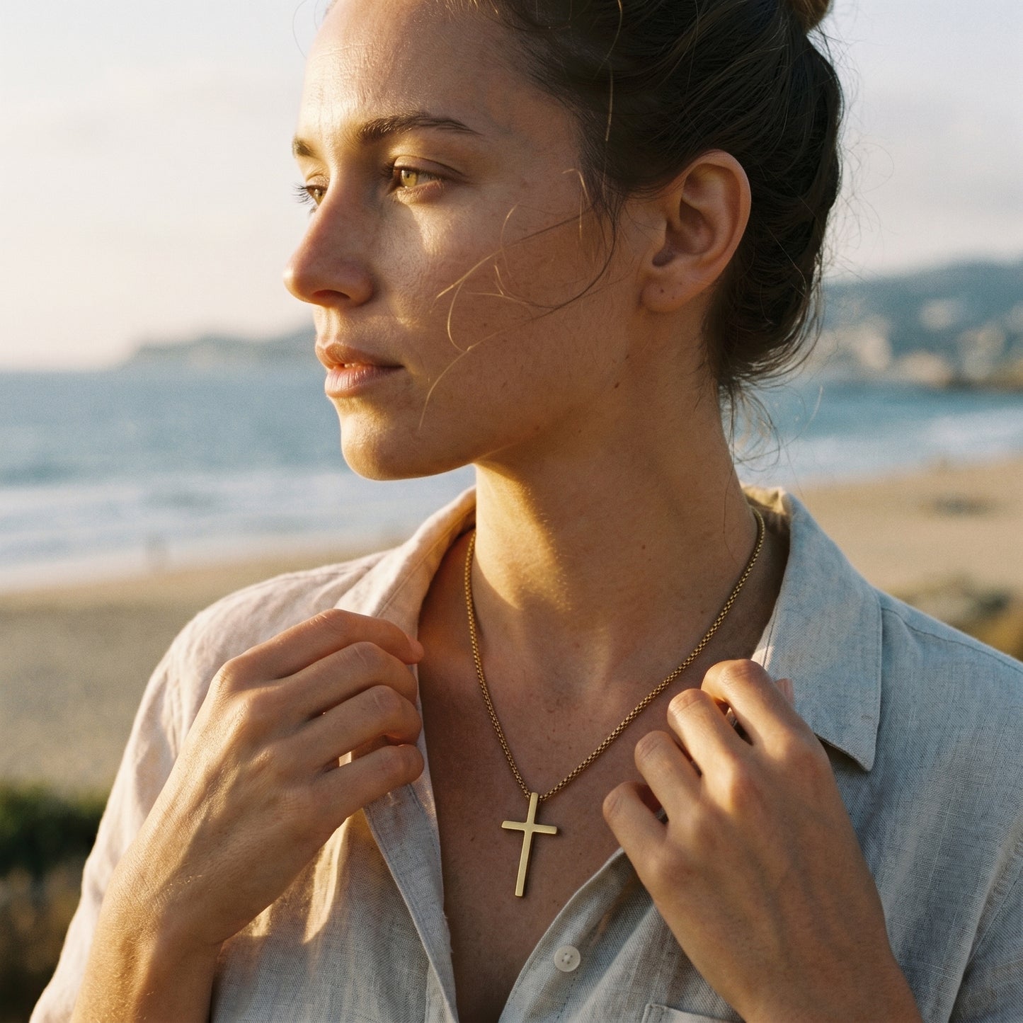 Classic Cross Pendant Box Chain Necklace - 18K Gold Plated Waterproof Stainless Steel