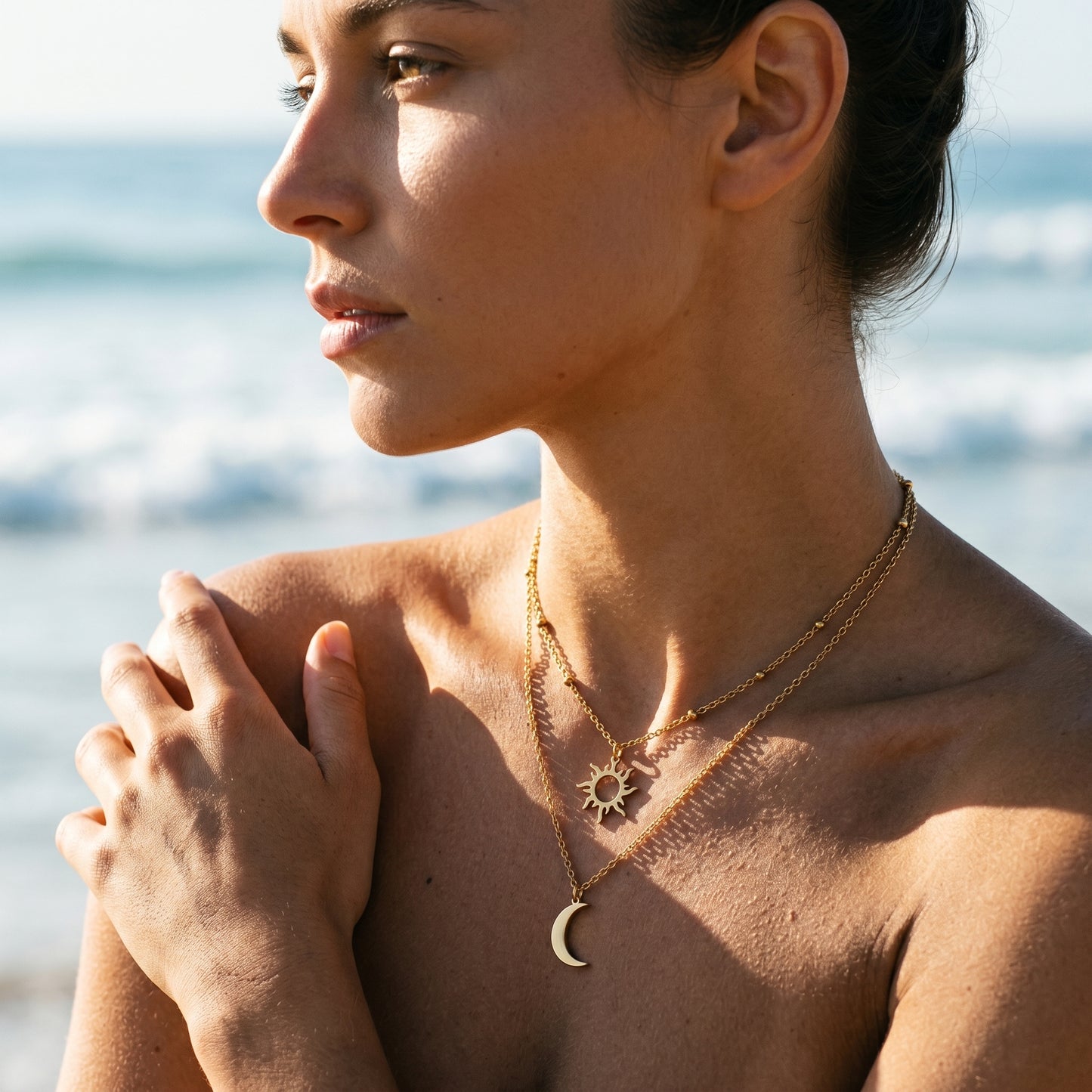 Hollow Sun Crescent Moon Layered Necklace - Durable, Water-Resistant Statement Piece