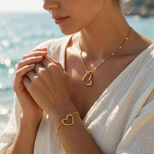 Open Heart Pendant Necklace & Bracelet Set - 18K Gold Plated Waterproof Stainless Steel Jewelry