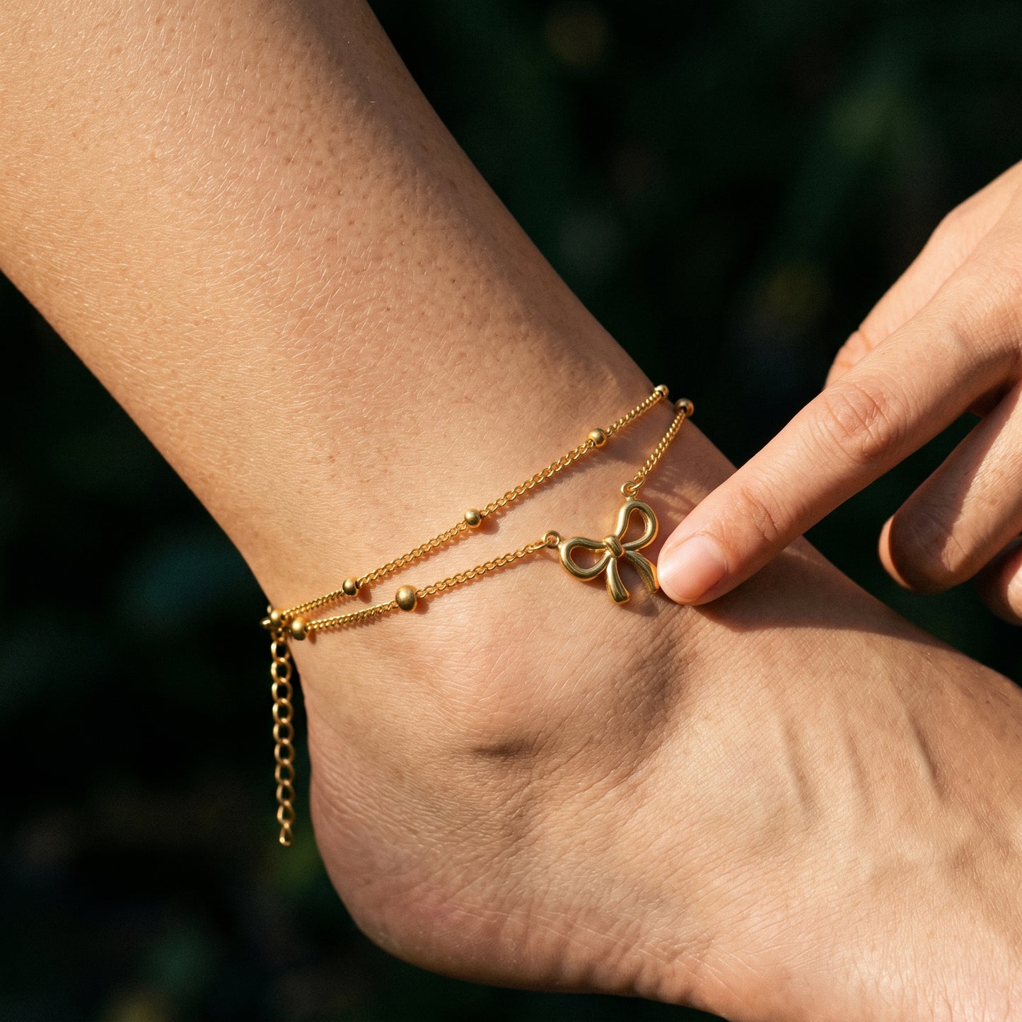 Bow Charm Double Layer Beaded Anklet - 18K Gold Plated Waterproof Stainless Steel