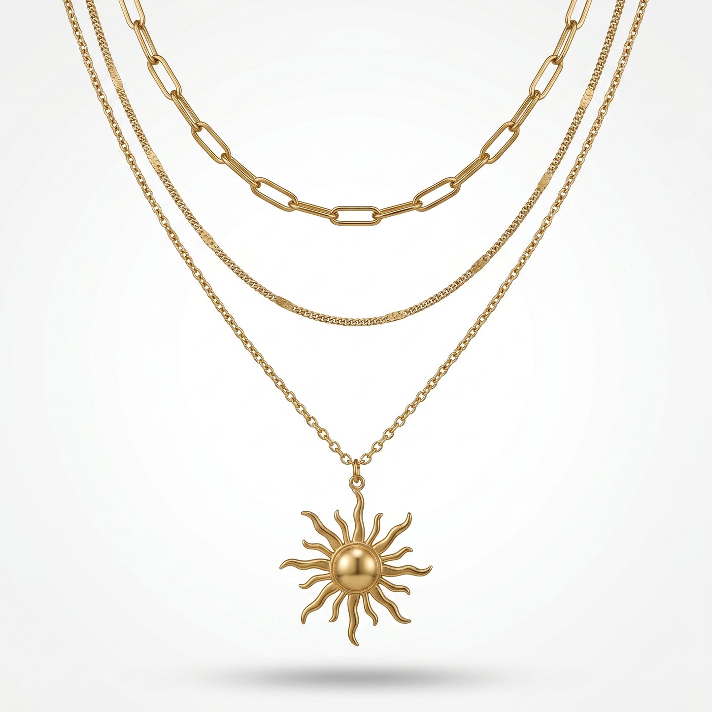 Triple Strand Sunburst Charm Necklace - 18K Gold Plated Sweat & Water Resistant Stainless Steel