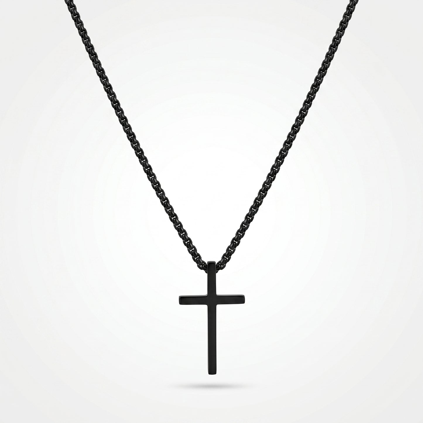 Matte Black Cross Pendant Box Chain Necklace - Waterproof Stainless Steel Tarnish Resistant