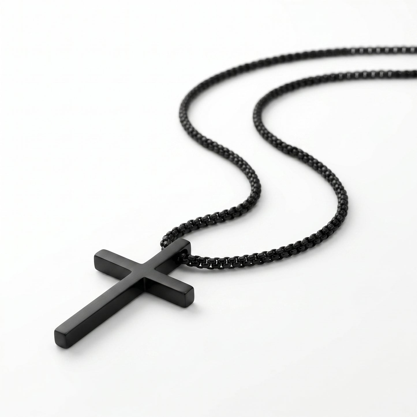 Matte Black Cross Pendant Box Chain Necklace - Waterproof Stainless Steel Tarnish Resistant