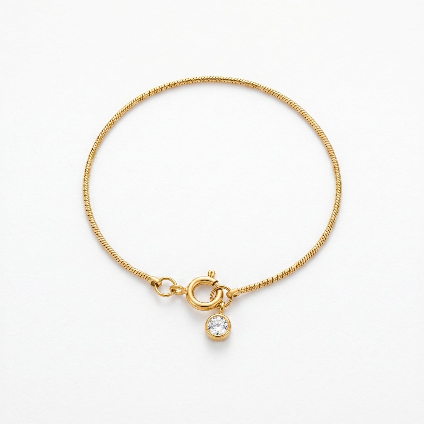 Dainty Snake Chain Solitaire CZ Bracelet - 18K Gold Plated Waterproof Stainless Steel