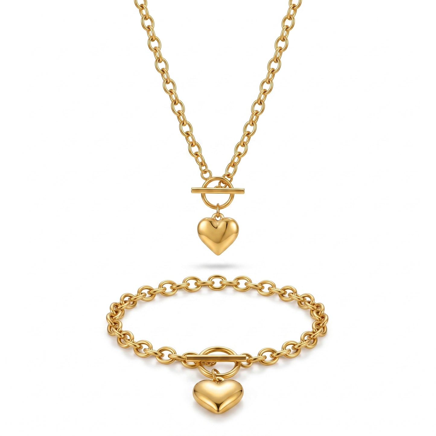 Toggle Clasp Puffy Heart Necklace & Bracelet Set - 18K Gold Plated Waterproof Stainless Steel