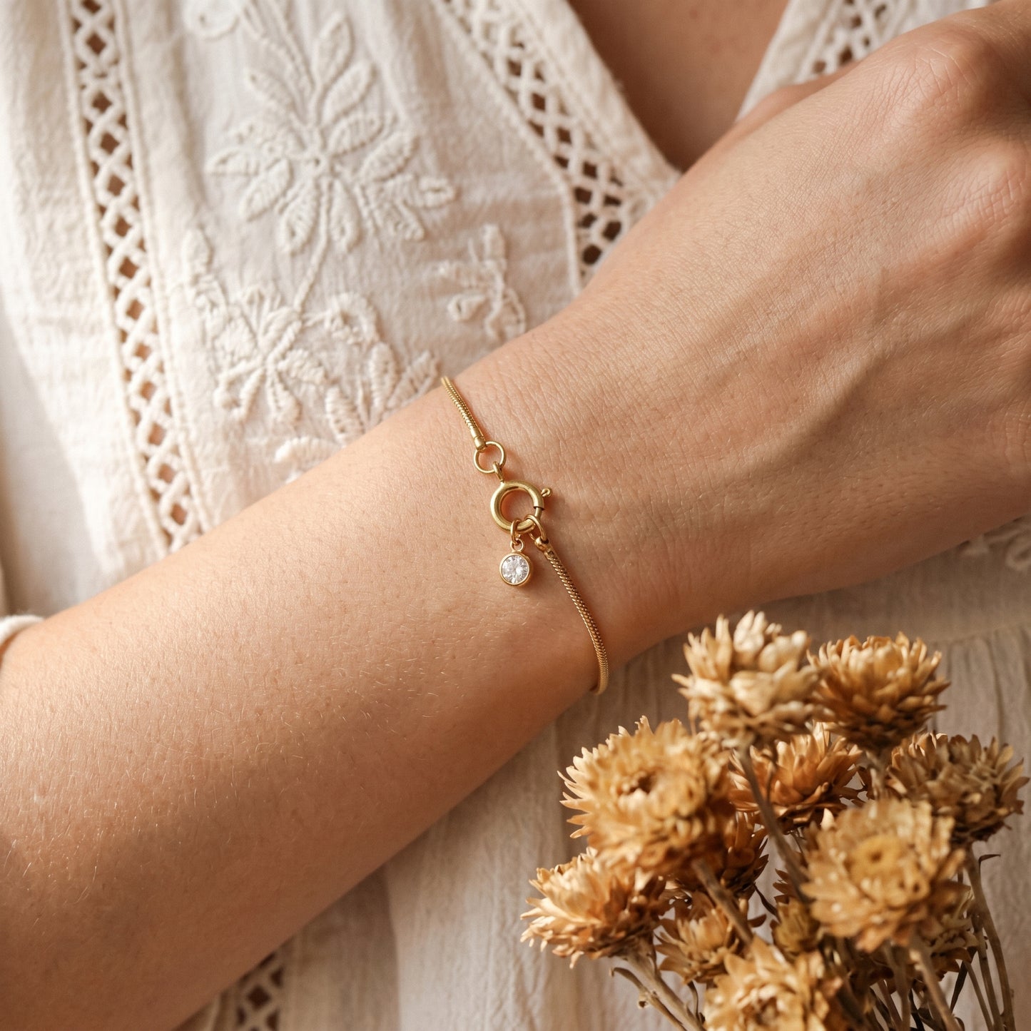 Dainty Snake Chain Solitaire CZ Bracelet - 18K Gold Plated Waterproof Stainless Steel