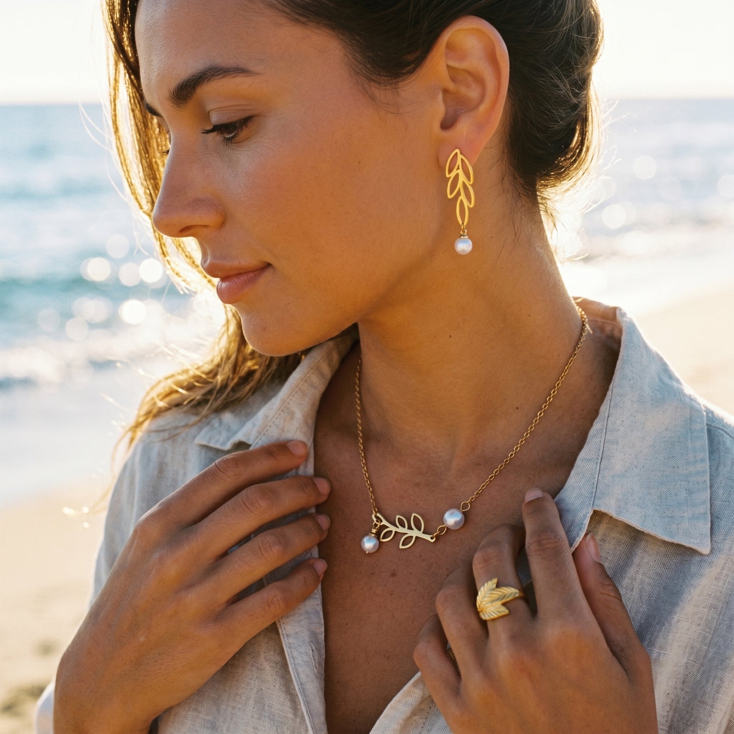 Botanical Leaf & Pearl 3-Piece Jewelry Set - Tarnish-Resistant Hypoallergenic for Women